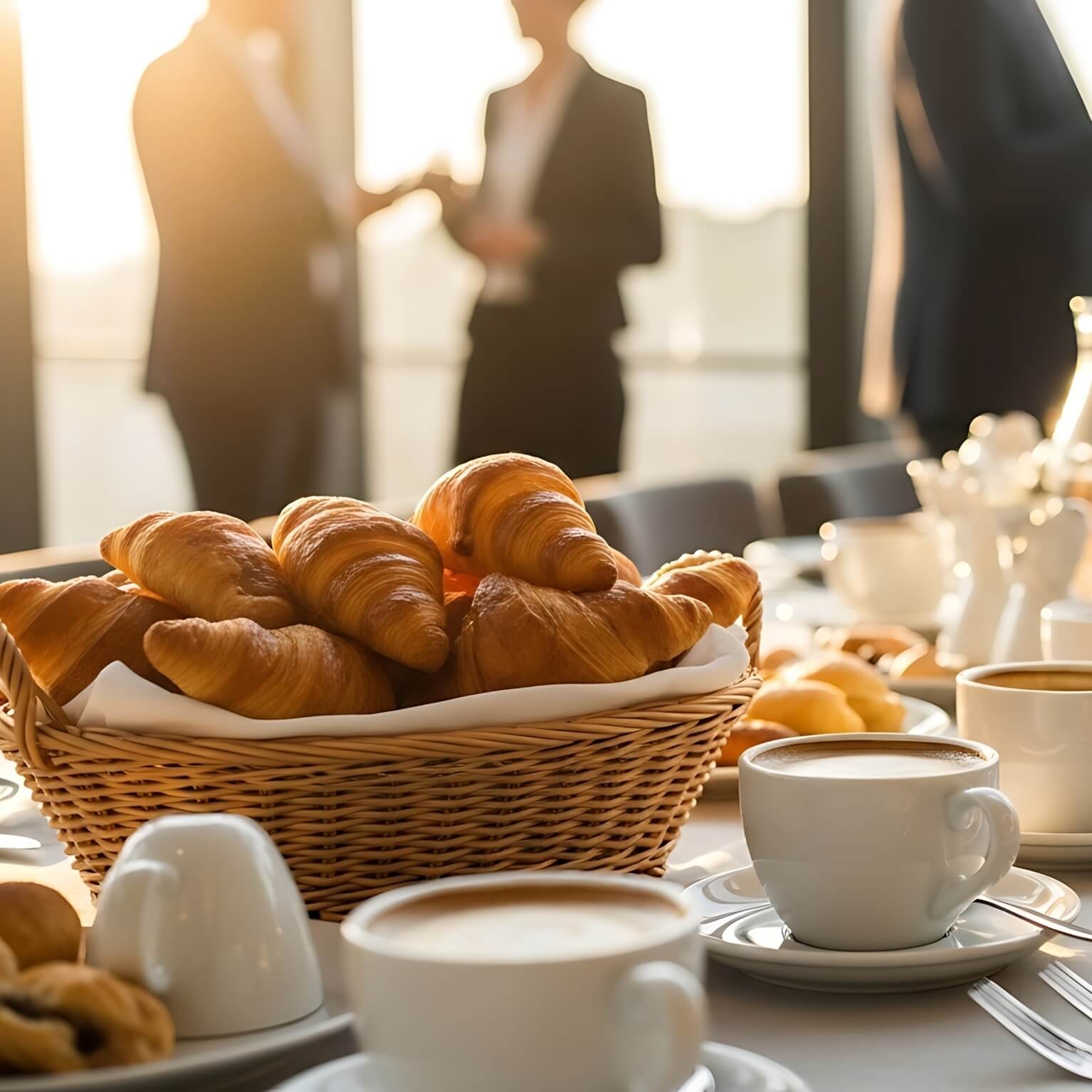 Ein Korb mit Croissants im Vordergrund, Kaffee und Teetassen, im Hintergrund zwei Personen im Gespräch.