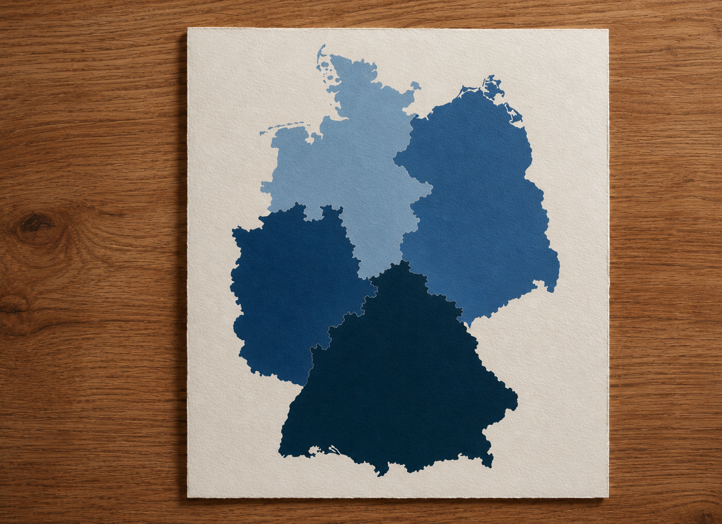 Karte Deutschlands in verschiedenen Blaut&ouml;nen auf strukturiertem Papier, vor einem Holzuntergrund.
