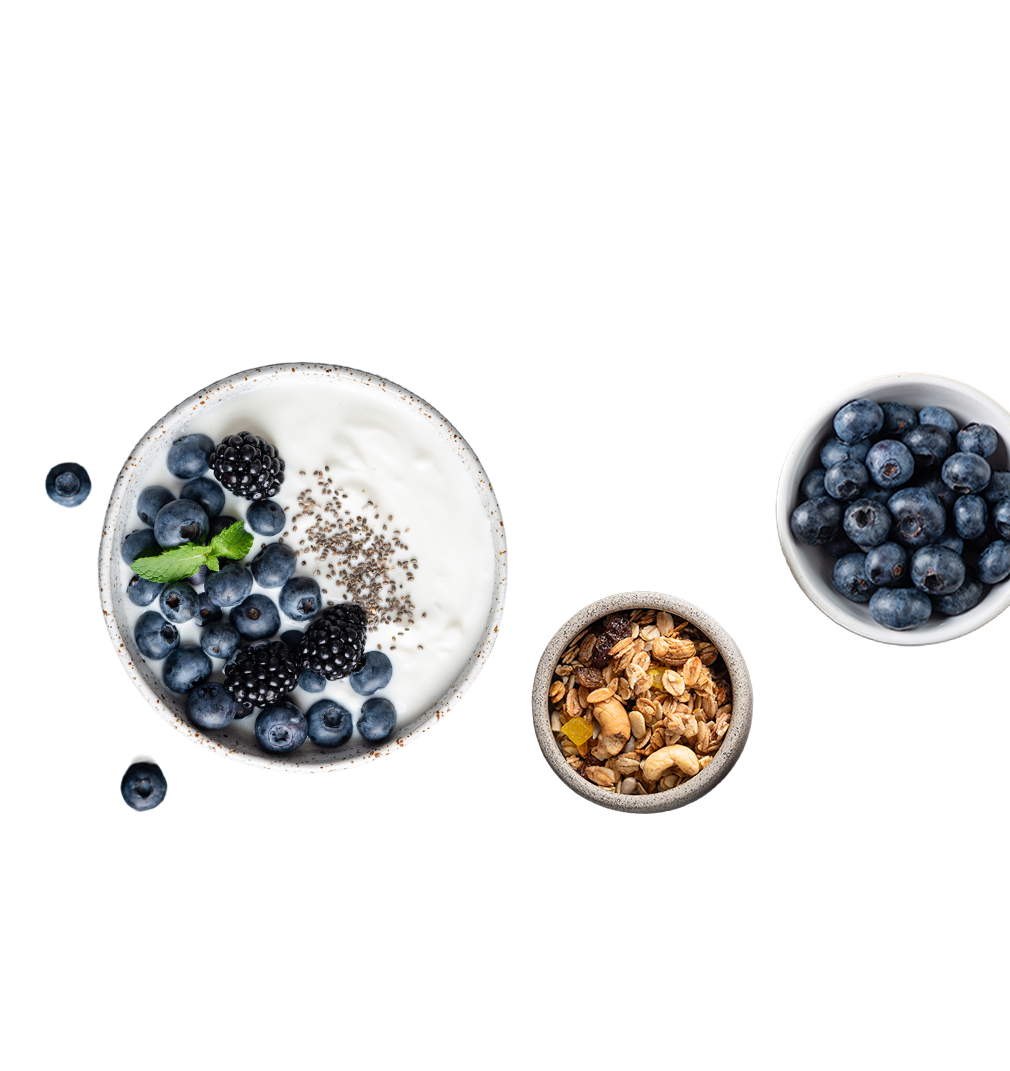 Sch&uuml;ssel mit Joghurt, Heidelbeeren, schwarzen Beeren und Chiasamen, daneben eine Schale mit M&uuml;sli und weiteren Heidelbeeren.
